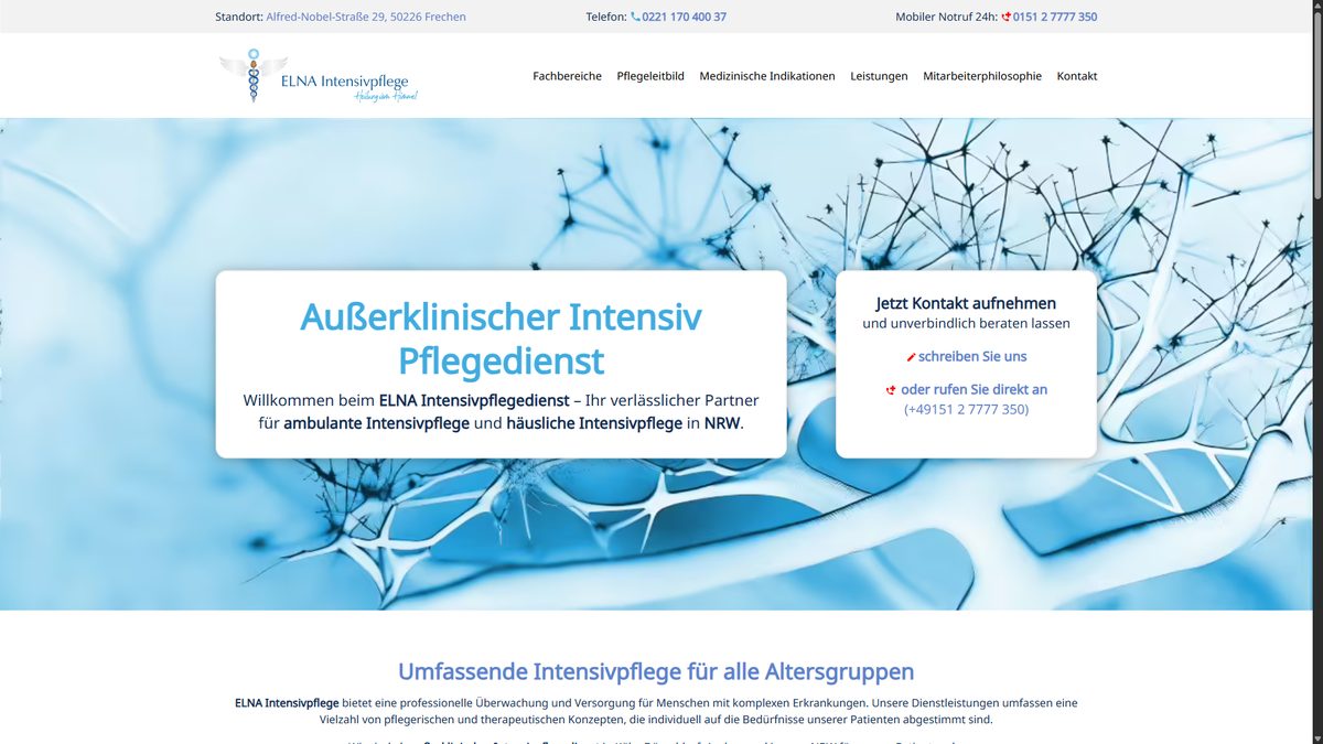 ELNA Intensivpflege – Website, Desktop-Ansicht