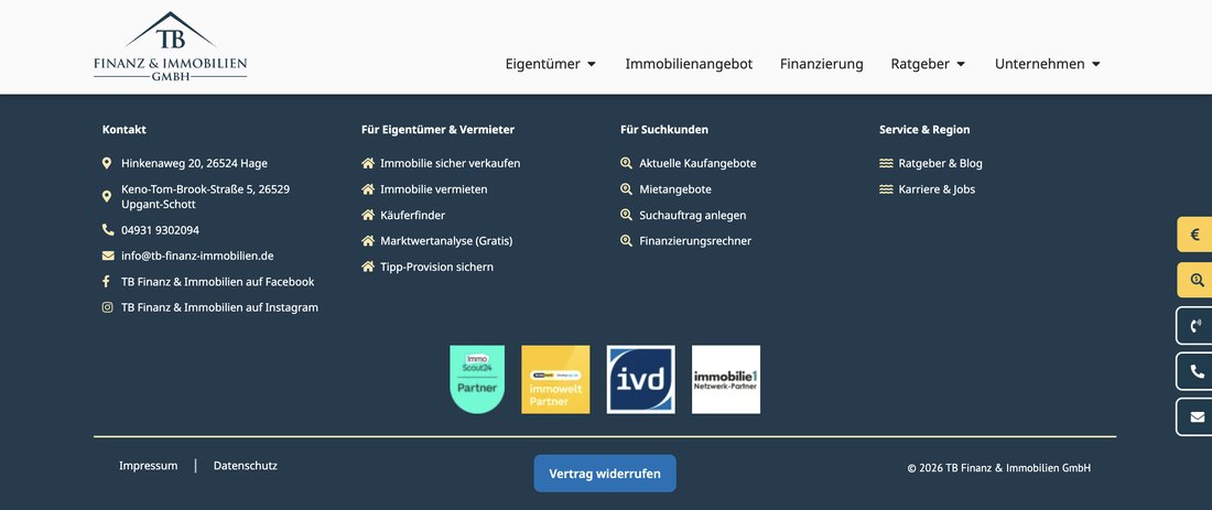 Widerruf-Button (§ 356a BGB) von Neowulf, live im Footer der TB-Website
